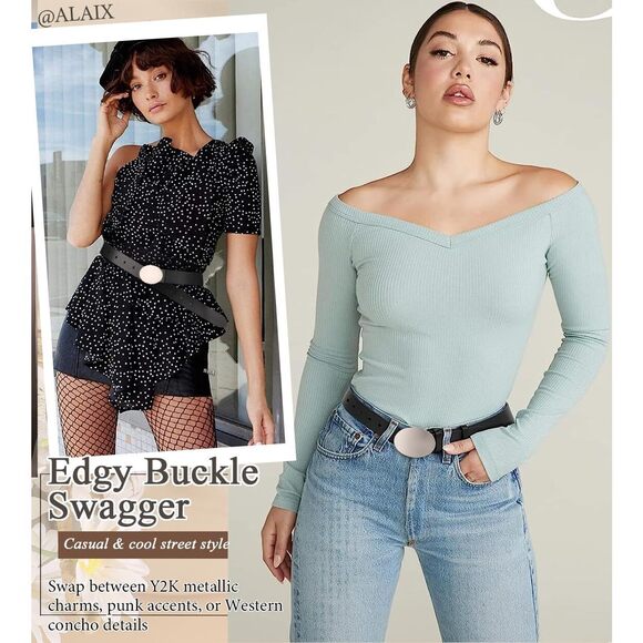 Women's Black Leather Belt With Silver/gold Buckle Western Jeans Y17k Punk🥳 - Picture 6 of 7